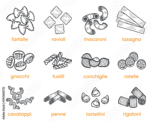 Types of pasta set, Italian cuisine, traditional noodle, lasagna, macaroni, penne, farfalle, fusilli, gnocchi, ravioli, lines, hand-drawn, black and white, graphic illustration, engraving isolated
