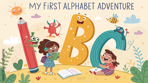 My first alphabet adventure illustration with kids, monsters, letters, and school supplies, inspiring early learning