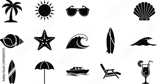 Summer beach icons collection with palm tree sun sunglasses seashell starfish waves surfboard