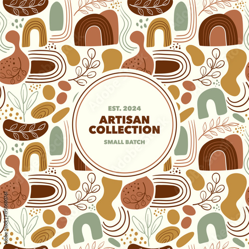 Seamless abstract pattern with organic shapes and central label, suitable for branding and packaging design.