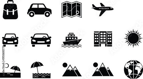 Travel vacation icons collection with backpack car map airplane ship hotel sun beach