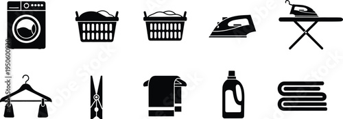 Laundry household icons collection with washing machine basket iron hanger detergent towel