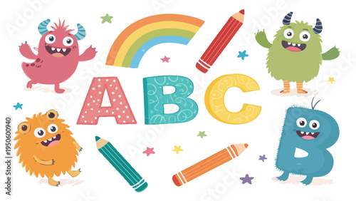 Monsters with abc letters and rainbow, children's education art, playful alphabet illustration, cute characters, monster character