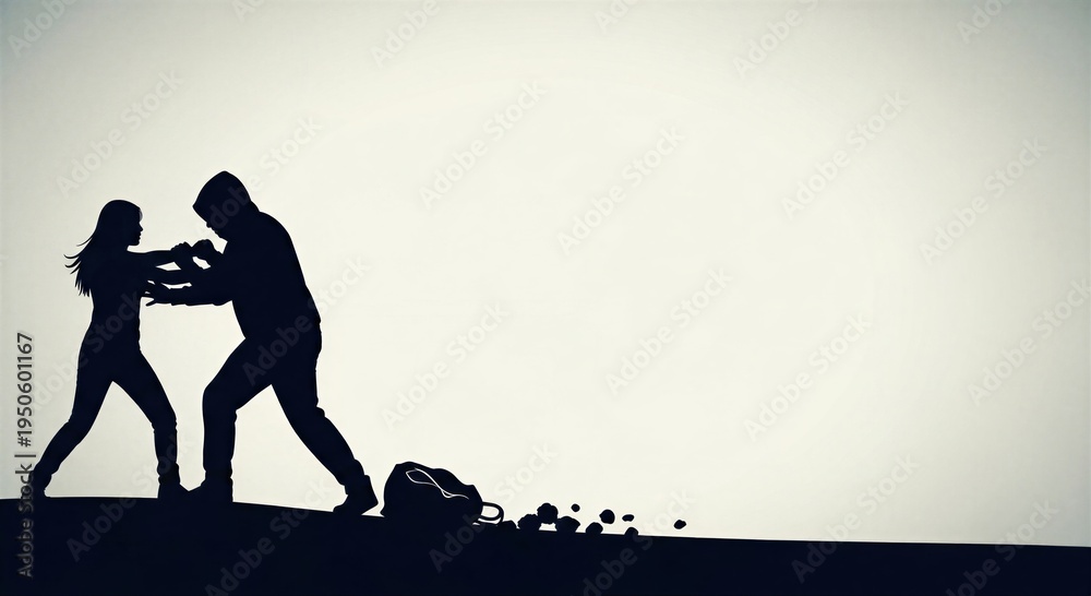 Obraz premium Woman defending against aggressive hooded man. Female character fighting attacker on street. Self-defense training and crime prevention concept. Silhouette of robbery and assault struggle.