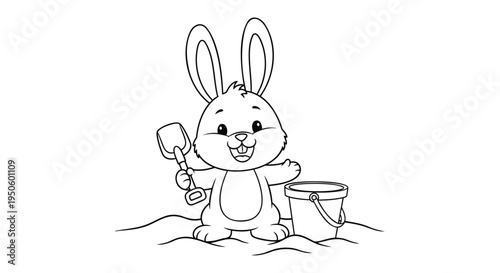 Vector illustration of a smiling rabbit holding a shovel and bucket