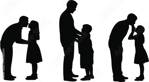 Silhouettes of fathers affectionately interacting with their children in tender moments of connection