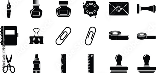 Office stationery icons collection with black and white design elements for workspace