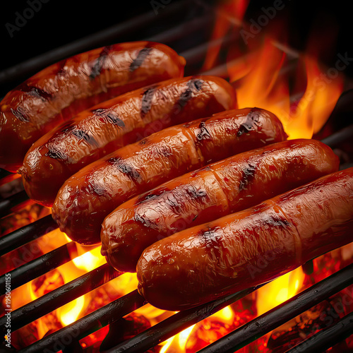 Sausages are grilled on a barbecue over open flames at a summer outdoor event.