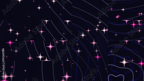 Abstract Dark Blue Background with Pink Sparkles and Wavy Lines