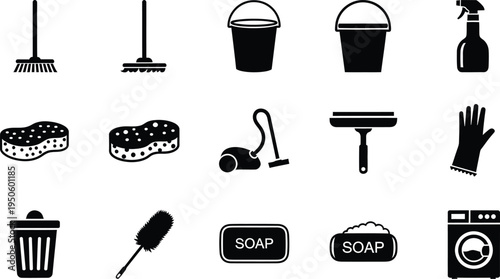 Cleaning supplies icons set with mop broom vacuum spray bottle bucket soap trash