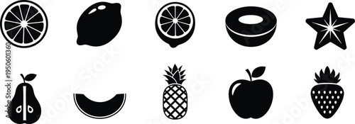 Mixed sports fruit icons collection with ball racket apple banana