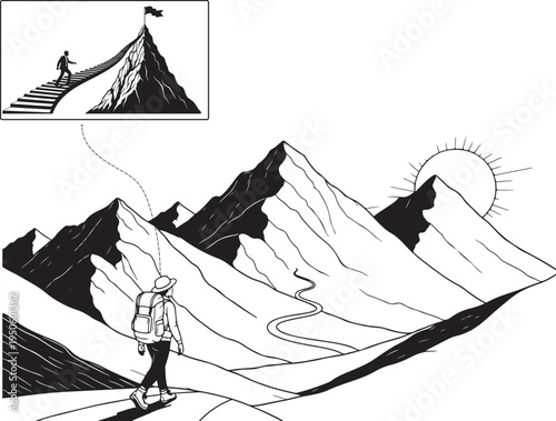 A determined hiker stands at the base of a majestic mountain range with a vision of reaching the summit
