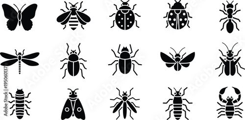 Insect bug silhouette icons collection with beetle butterfly ant mosquito