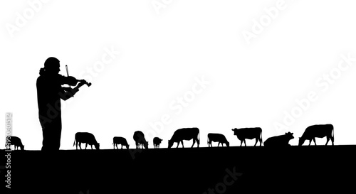 Man playing violin with sheep nearby.