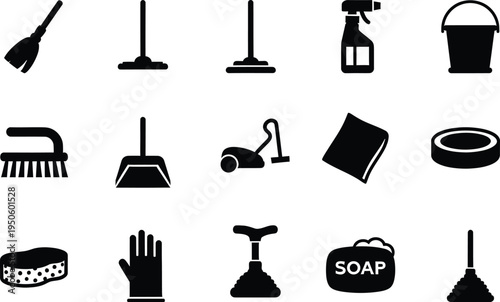 Cleaning supplies icons collection with mop spray bucket sponge
