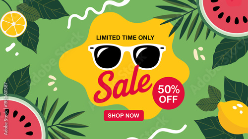 Vibrant summer sale advertisement with sunglasses and colorful fruit icons