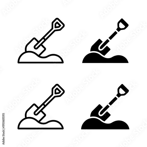 Four shovel and soil icons in different styles and colors used for gardening and landscaping