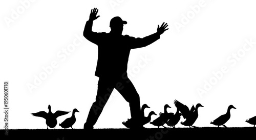 Man scaring ducks away quickly outdoors.