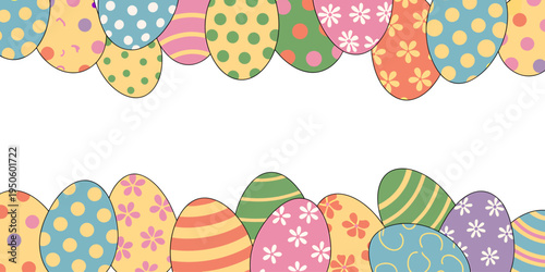 Colorful Easter eggs border frame with patterns on white background for holiday decoration