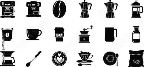 Coffee brewing and serving icons collection with cup beans kettle pot and mug