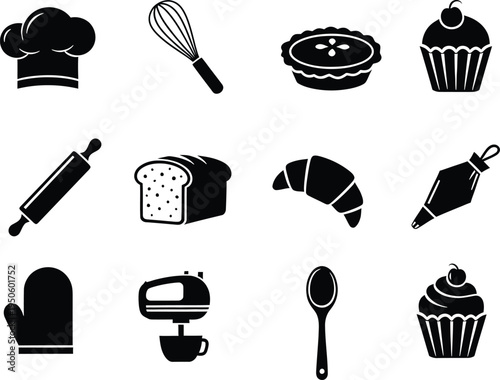 Bakery cooking icons collection with chef hat whisk pie cupcake bread croissant mixer