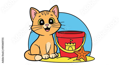 Vector illustration of a cute cartoon cat with beach bucket and starfish