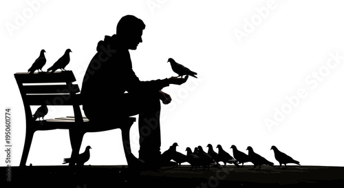 Man sitting on bench feeding pigeons.