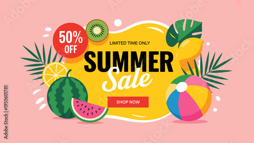 Summer sale advertisement with colorful fruits and beach ball on pink background