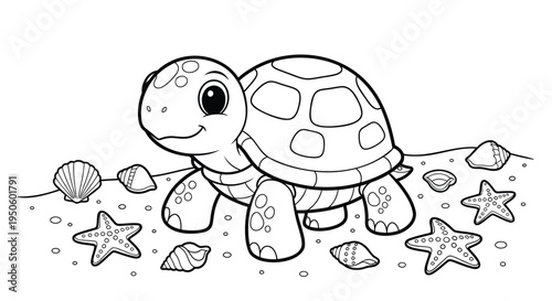 Vector sea turtle illustration with beach elements