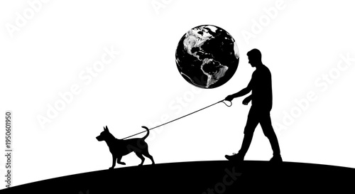 Man Walking Dog on Leash Globe.