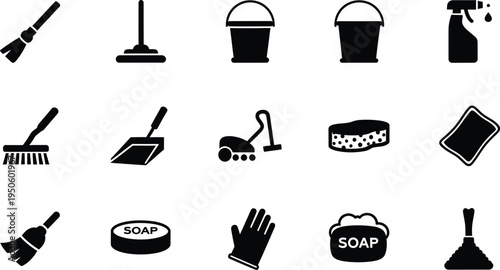 Cleaning household icons set with broom mop bucket vacuum gloves soap