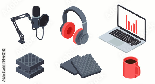 Isometric podcast and audio production equipment set. Studio microphone, headphones, laptop, acoustic foam, and coffee mug for creators.
