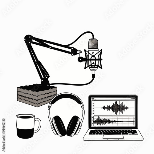 Professional podcasting studio setup with a microphone, headphones, laptop displaying audio waveforms, and a coffee mug. Ideal for content creation.