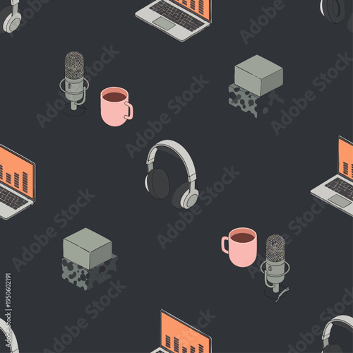 Seamless isometric pattern of digital devices: laptops, headphones, microphones, and coffee cups on a dark background, perfect for remote work, podcasting, and online media.