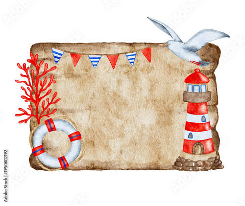 Watercolor sea elements frame with lighthouse, seagull, coral, lifebuoy, and bunting, hand painted nautical design for invitation, greeting card or scrapbook projects.
