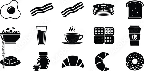 Breakfast food icons collection with fried egg bacon pancakes coffee toast