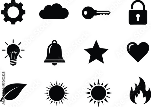 Universal symbol icons set with gear cloud key lock bulb star heart