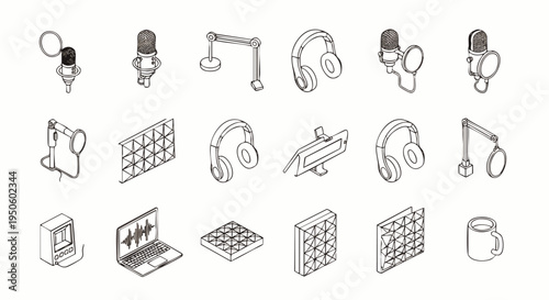 Collection of podcasting and audio recording equipment icons in isometric outline style, vector illustration