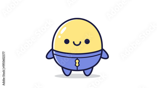 A cute yellow egg character wearing a blue jumpsuit standing against a plain white background Vector