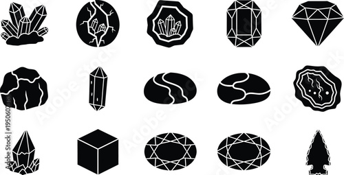Gemstone crystal silhouette icons collection with diamond quartz ruby sapphire