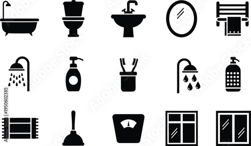 Bathroom facility icons collection with bathtub toilet sink mirror shower