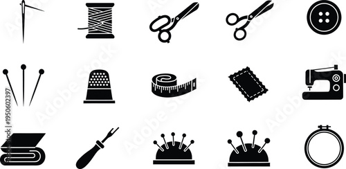 Sewing craft icons set with needle thread scissors thimble measuring tape