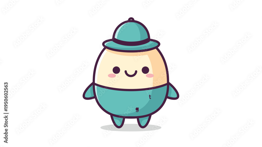 Fototapeta premium A cute cartoon illustration of an egg character wearing a teal hat and matching bottom clothing Vector