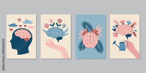 Mental health brochure template, colorful campaign design for World Mental Health Day featuring emotional burnout themes. OurMindsMatter poster is suitable for psychiatry and psychology clinics.