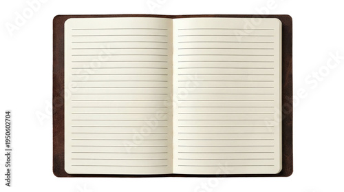 Tableau sur toile Open vintage leather notebook with lined paper pages on a transparent background