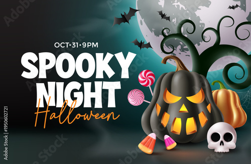 Spooky Night Halloween banner with glowing pumpkin, skull, candy, bats and eerie tree in dark 3D cartoon illustration style for festive horror celebration design.