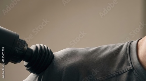 Extreme Close-Up of Percussion Massage Device Head Contacting Shoulder