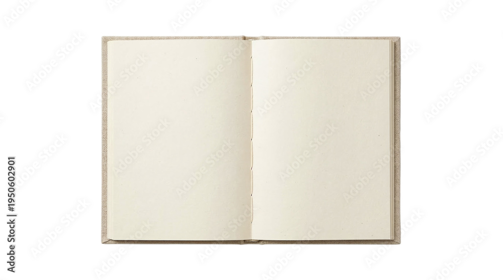 Naklejka premium Open blank notebook with textured cream pages and beige linen cover on a transparent background