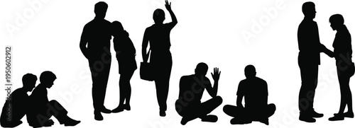 Silhouette of diverse individuals interacting in various poses including couples, a woman waving, and men sitting, representing social connections