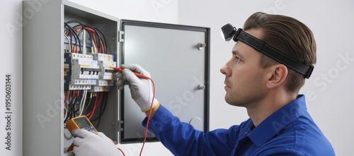 Electrician Inspecting Residential Wiring Box in Profile View